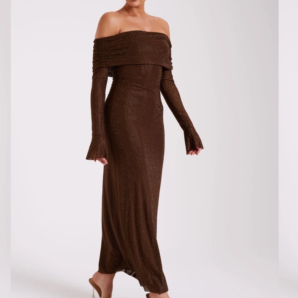 Meshki Marcel Off Shoulder Diamanté Maxi Dress Chocolate